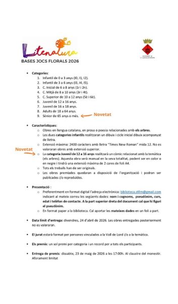 Bases Jocs Florals Sant Llorenç de Morunys 2026 - Vall de Lord - Litenatura